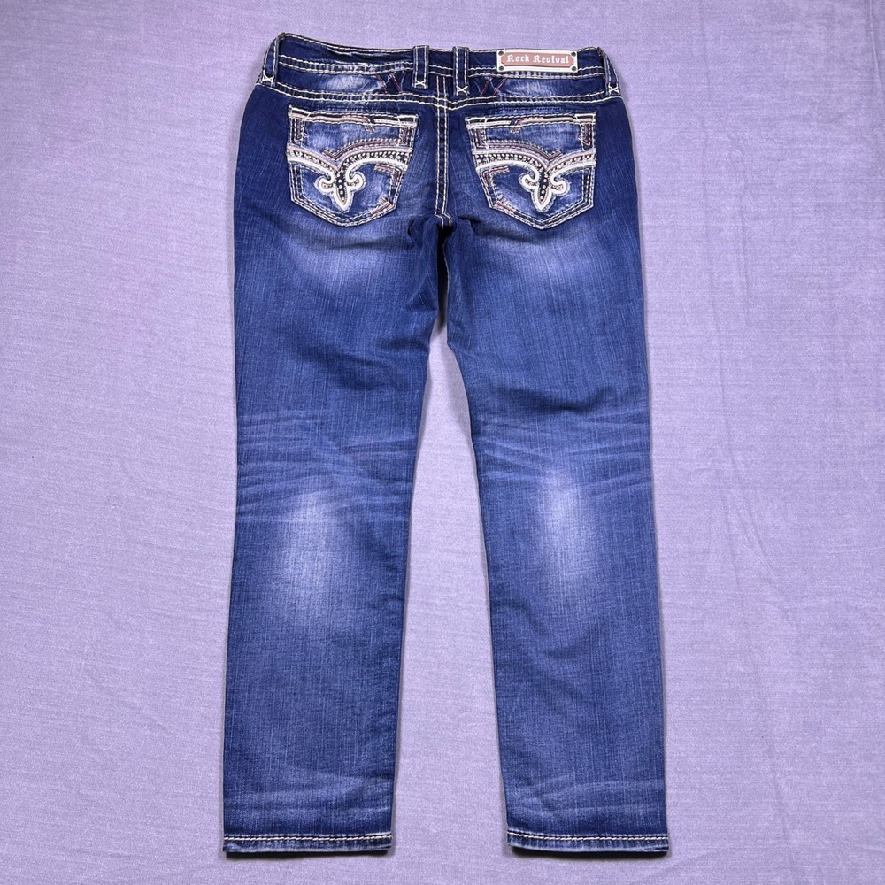 NWT Rock Revival Womens Belva‎ Skinny Jeans Blue Distressed Rhinestone Size 32